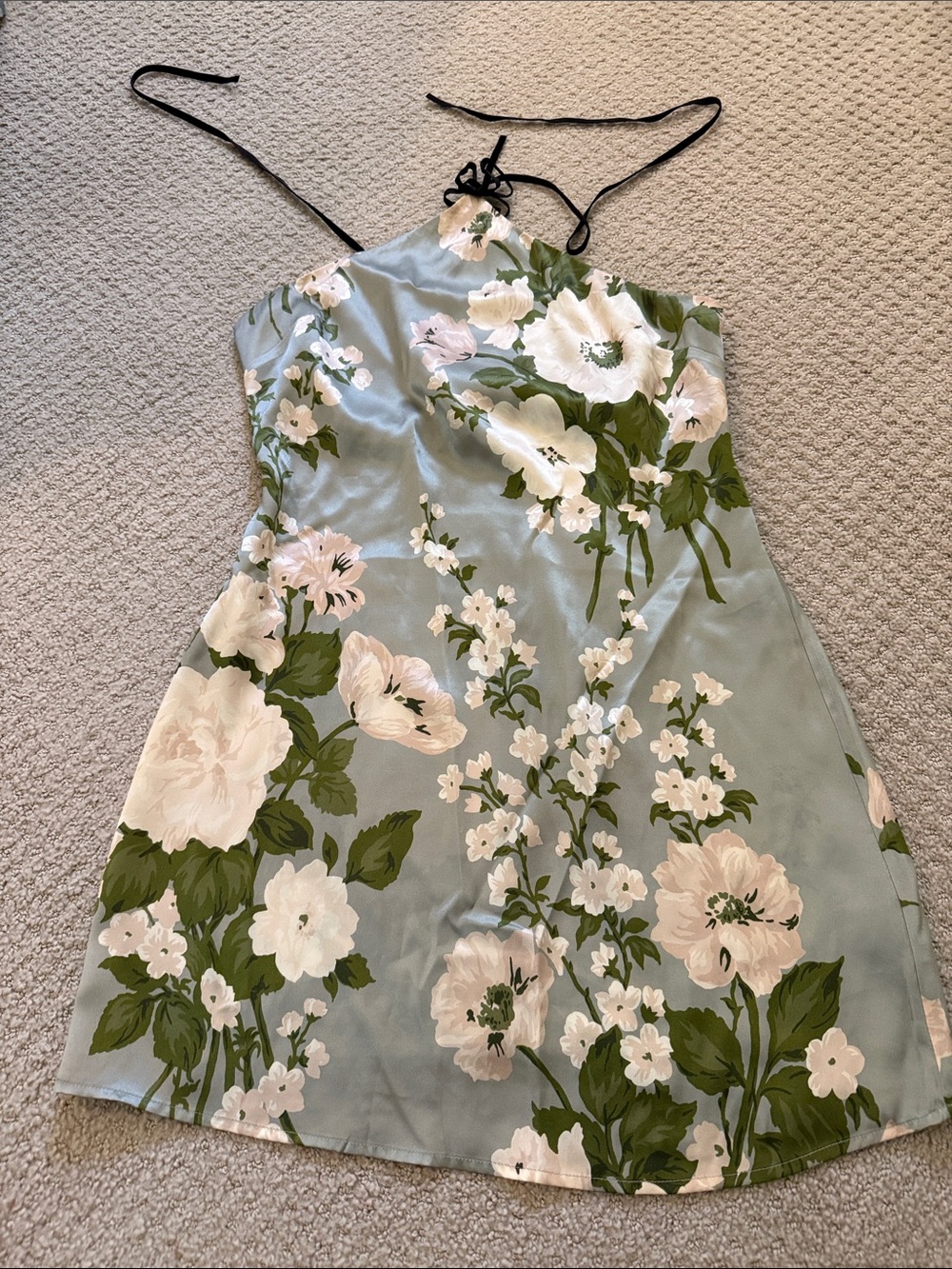 Reformation Sage Green Floral Halter Silk Mini Dress
